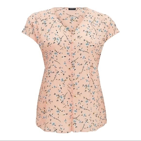 TORRID PEACH FLORAL CHALLIS BUTTON FIT & FLARE BLOUSE - Picture 1 of 7